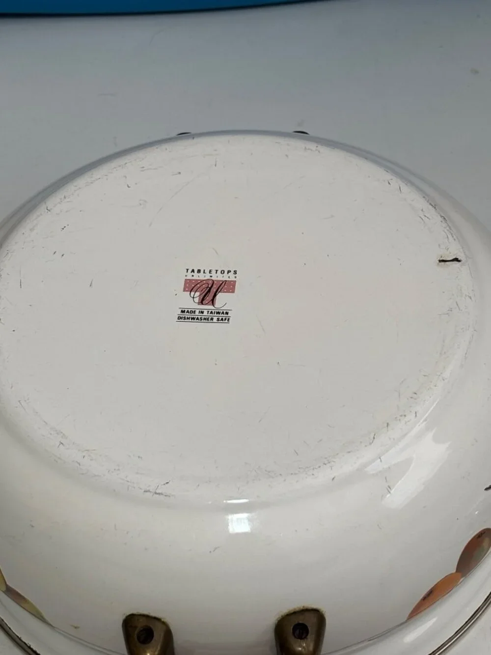 Vintage Enamel Fruit Motif Casserole Dish With Lid & Brass Handles